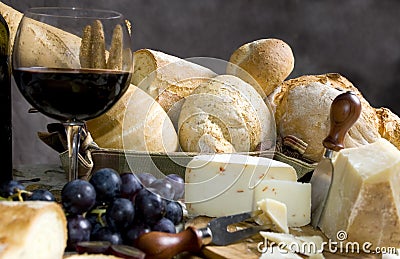 Bread and Cheese with a glass of wine 3 Stock Photo