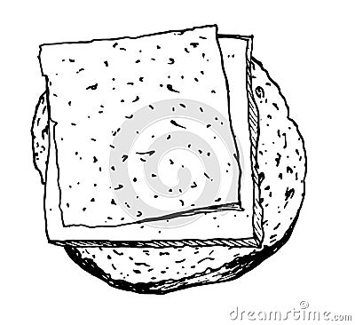 Bread and cheese illustration in sketch style. vector drawing of a round bread sandwich with square slices on top, cheese and ham Cartoon Illustration