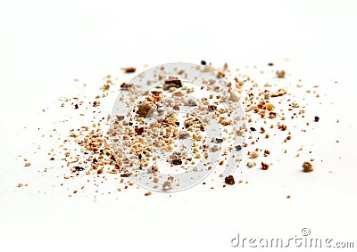 Bread crumbs on white Stock Photo