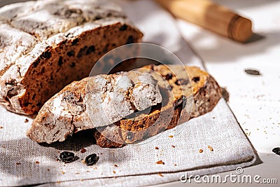 Bread Cut Pieces with Crispy Crust and Raisins Stock Photo