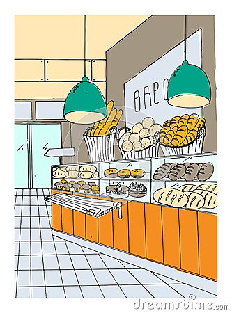 Bread department hand drawn colorful illustration, store interior. Vector Illustration