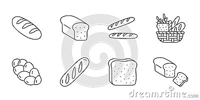 Bread doodle illustration including icons - baguette, basket, slice, challah. Thin line art about baking products Vector Illustration