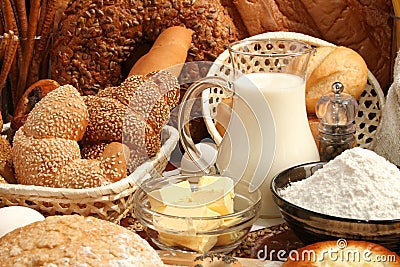 Bread, flour, milk, butter Stock Photo