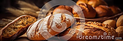 Bread loaves close up view. Fresh baked bread, traditional bakery background. Generative AI Stock Photo