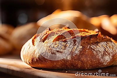 Bread loaves close up view. Fresh baked bread, traditional bakery background. Generative AI Stock Photo