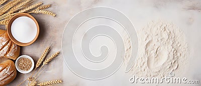 Bread-Making Essentials: Wheat, Yeast, and Rolling Pin Top View Stock Photo