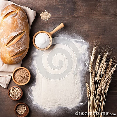 Bread-Making Essentials: Wheat, Yeast, and Rolling Pin Top View Stock Photo