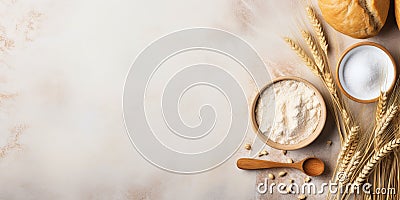 Bread-Making Essentials: Wheat, Yeast, and Rolling Pin Top View Stock Photo