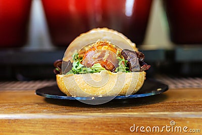 Bread with meatballs in a food truck. Stock Photo