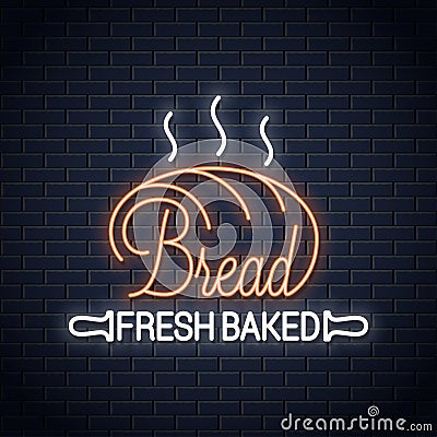 Bread neon banner. Bakery neon sign on wall background Vector Illustration