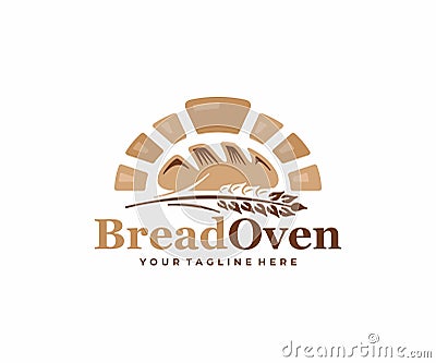 Bread oven bakery logo design. Baked bun in brick oven vector design. Vector Illustration