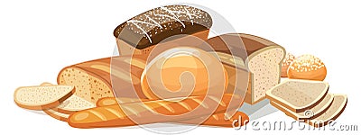 Bread pile. Cartoon bakery icon. Whole and cutted loaves Vector Illustration