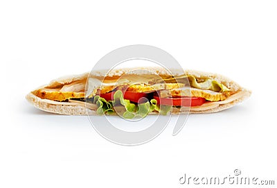 Bread pita with a filling of chicken isolated on white Stock Photo