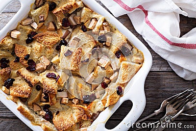 Bread pudding breakfast casserole with pear Stock Photo