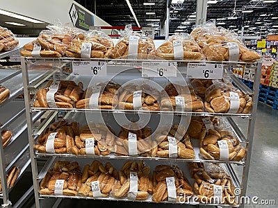 Bread, rolls, and buns on the baked goods aisle Editorial Stock Photo