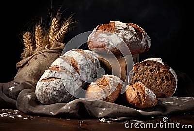 Bread and bread rolls nicely decorated on a dark moody background, AI generated Stock Photo