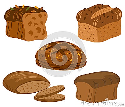 Bread set. Whole grain, yeast baked bread. food sign. Ideal for cafe, restaurants, food shops and printing. Vector hand draw Vector Illustration