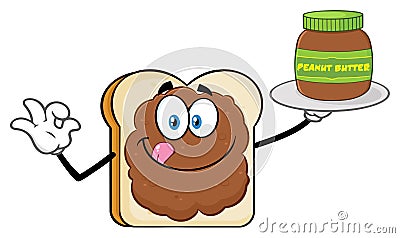 Bread Slice Cartoon Mascot Character With Peanut Butter Holding A Jar Of Peanut Butter Vector Illustration