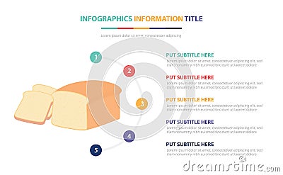 Bread slice loaf infographic template concept with five points list and various color with clean modern white background - vector Cartoon Illustration