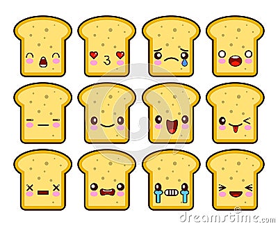 Bread Slice Toast Cartoon Mascot character funny cartoon set with different emotions on the kawaii face. Flat design Vector Illustration
