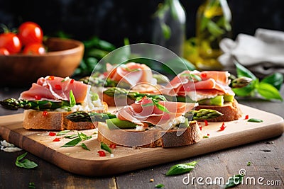 bread slices with asparagus and prosciutto bruschetta Stock Photo