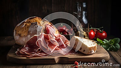 Bread with slices jamon serrano for lunch table. Summer picnic time over wooden rustic background. Generative AI Stock Photo