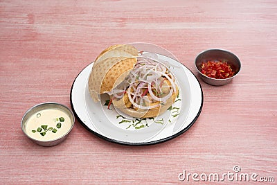 Bread with squid, with onion. delicious Stock Photo