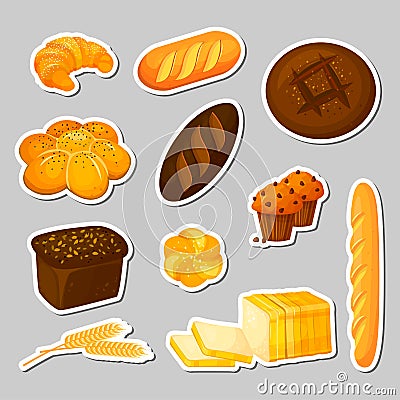 Bread. Stickers set isolated. Bakery - cartoon style Vector Illustration