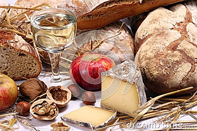 Bread, wine, cheese Stock Photo