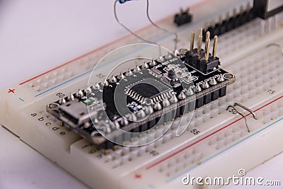 breadboard arduino nano prototyping board transistors resistors Stock Photo