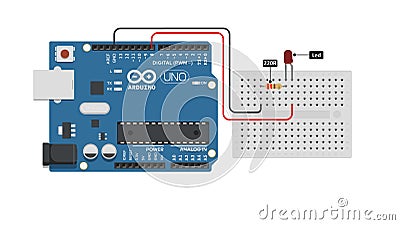 Arduino Uno basic examples, Blink circuit. Breadbord circuit setup, sequential flashing led circuit, leds. Stock Photo