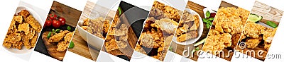 Breaded Fried Chicken Collage, Various Hot Crispy Chicken Nuggets Stock Photo