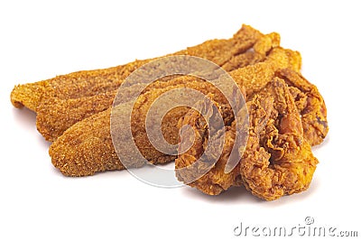 Breaded and Fried Fish Fillets and Shrimp on a White Background Stock Photo