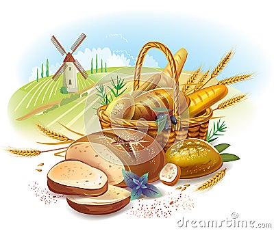 Breads in basket against landscape Vector Illustration