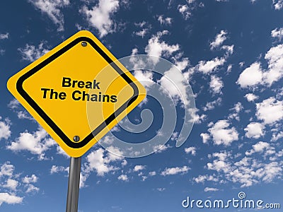 Break The Chains traffic sign on blue sky Stock Photo