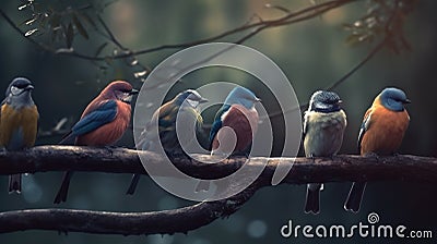 Ai Generative Group of colorful birds sitting on a branch in the forest at dawn Stock Photo