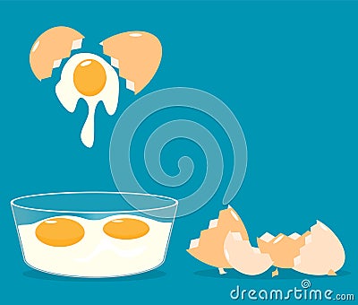 Break eggs eggshells cracked egg glass bowls flat vector Vector Illustration