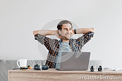 Break at work at home, repairman, handyman or blogger enjoying free time Stock Photo