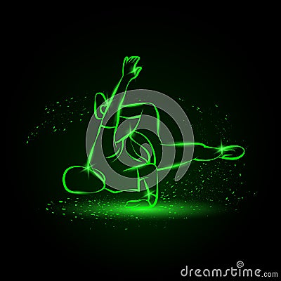 Breakdancer makes a frieze. Street dancing neon illustration with B boy on one hand. Vector Illustration