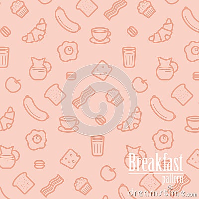 Breakfast Background. Seamless Pattern With Line Icons of Food Like Sausage, Bread, Croissant, Bacon, Muffins, Coffee, Milk etc. Vector Illustration