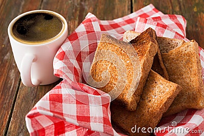 Breakfast background, toast and coffee on rustic wood Stock Photo