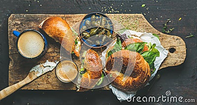 Breakfast with bagel, espresso coffee and capers in blue bowl Stock Photo