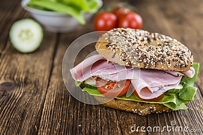 Breakfast Bagel (with ham; selective focus) Stock Photo