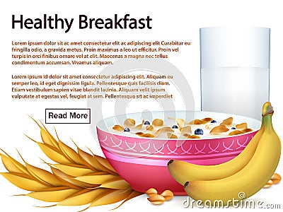 Breakfast banner template with cereals, realistic fruits Vector Illustration