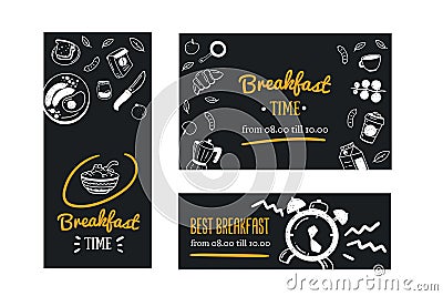 Breakfast banner template set, promotion restaurant, cafe on chalkboard. Blackboard poster with doodle icons with alarm Vector Illustration