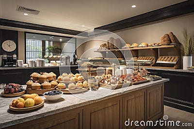 breakfast bar with fresh fruit, pastries, and coffee for busy morning rush Stock Photo