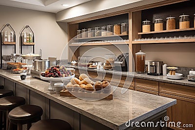 breakfast bar with fresh fruit, pastries, and coffee for busy morning rush Stock Photo