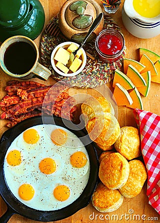 Breakfast Board Bacon and Eggs and Biscuits Charcuterie Stock Photo