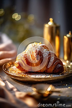croissant bokeh bakery drink background cup breakfast tasty morning food table background. Generative AI. Stock Photo