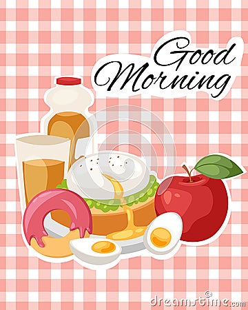 Breakfast brunch banner concept vector illustration. Healthy start of day. Eating in morning. Food collection with apple Vector Illustration